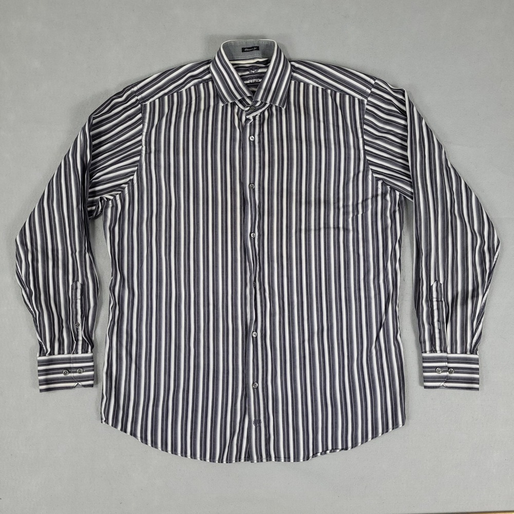Bugatchi Uomo Shirt Mens XL Grey Striped Classic Fit Cotton LS Button Up